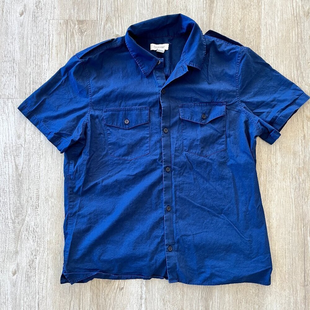 Mens Calvin Klein Navy Blue Short Sleeve Button Up - L